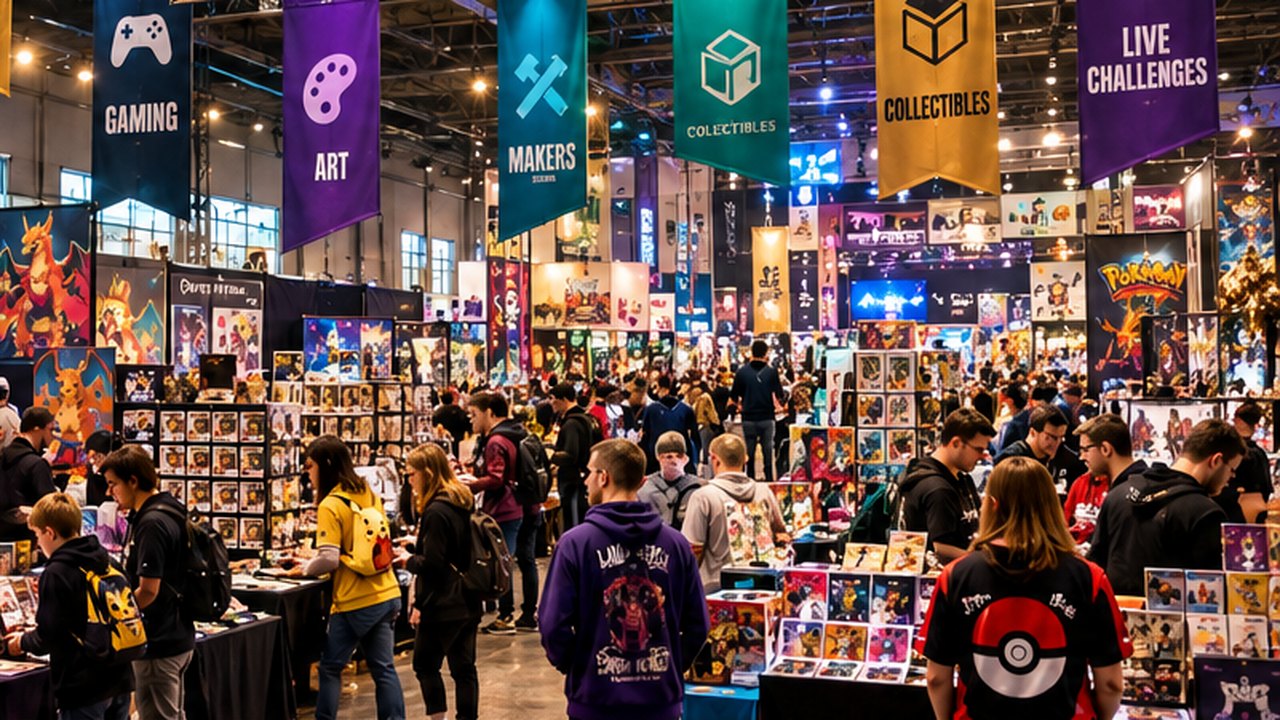 Busy COLLECT//PLAY collectors' convention floor with category banners above vendor tables